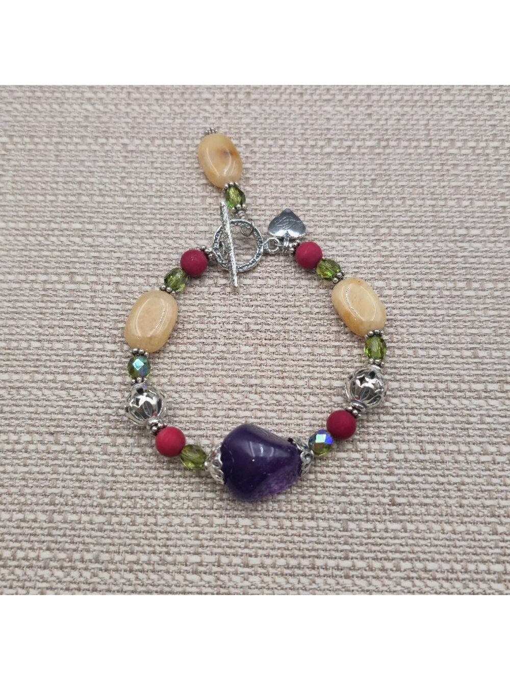 7.5 Inch Sterling Silver Multi Stone Amethyst Jasper Beaded Toggle Bracelet B160